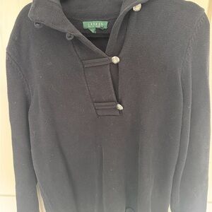 Lauren Ralph Lauren Black Hooded Knit Pullover with Button Placket
